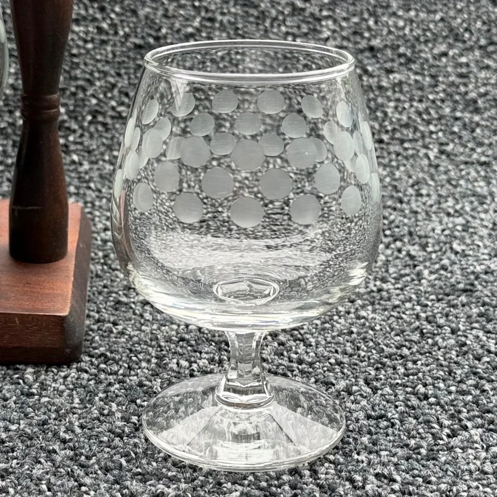 Vintage Wooden Rotating Bar Caddy with 4 Etched Polka Dot Brandy Snifter Glasses